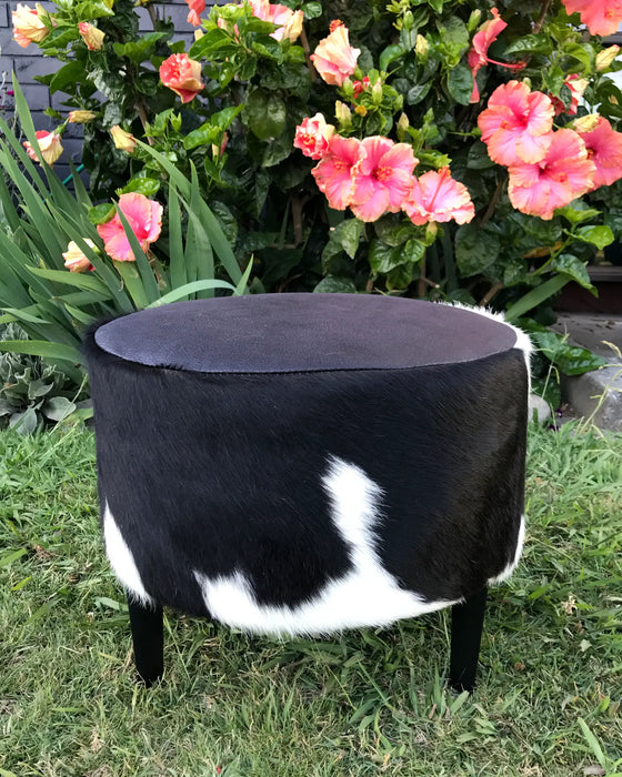 Small round footstool in cowhide and fabric #4